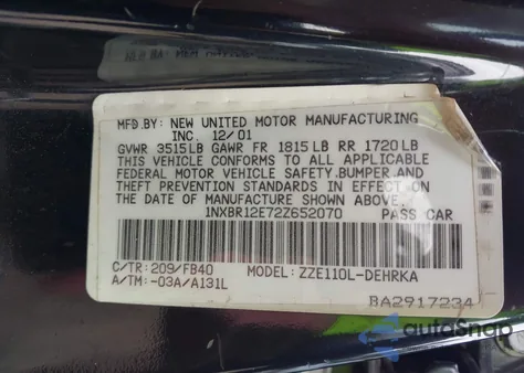 2002 Toyota Corolla Ce z USA, uszkodzony, nr VIN 1NXBR12E72Z652070